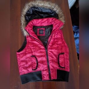 Pink Plaid Hooded Vest with Faux Fur Trim